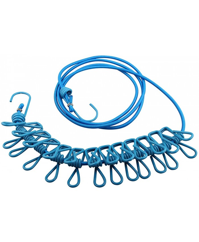Futheda Corde à linge élastique portable avec 12 crochets pour vêtements épingles à linge Bleu - B07FP5DDZM