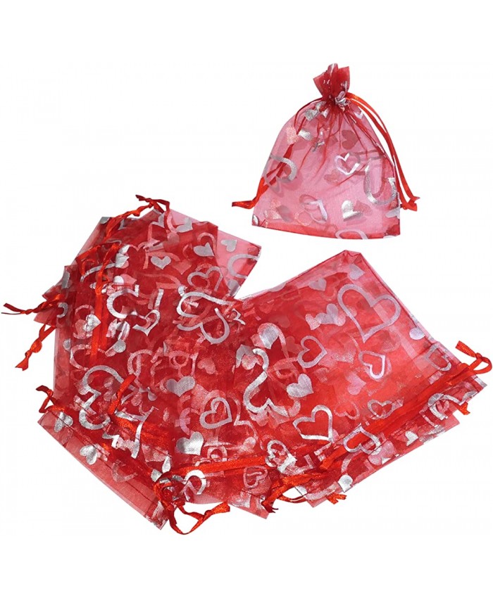 AERZETIX C53810 Lot de 10 bourses sacs-pochettes sachets en organza à motifs cœurs argentés cadeaux bijoux cosmétique 100x120 mm fermeture par cordon de serrage Rouge - B09JSQH389