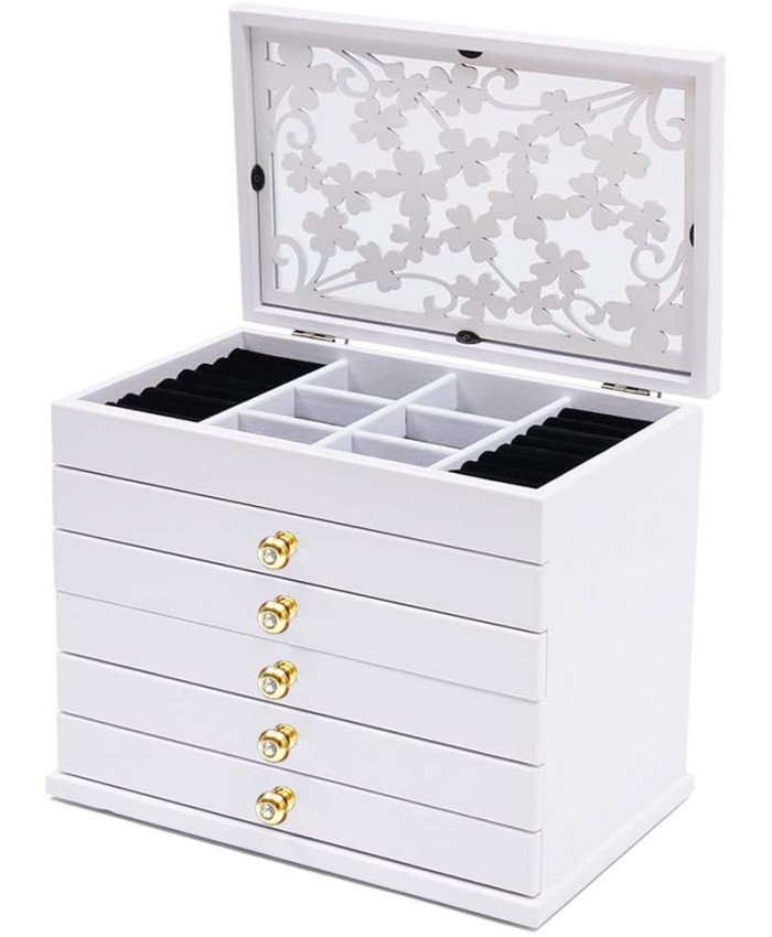 Boîte à bijoux 6 niveaux en bois blanc avec tiroir sculpté floral pour le rangement ou la présentation de bijoux - B09QXBPTH1