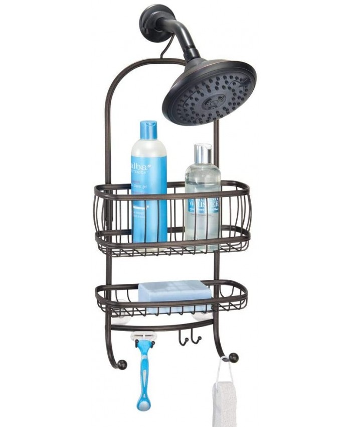 mDesign étagère de douche en à suspendre – panier de douche pratique avec ventouses et porte-savon pour shampooing rasoirs etc. – à fixer sans percer – couleur bronze - B073XSG86M