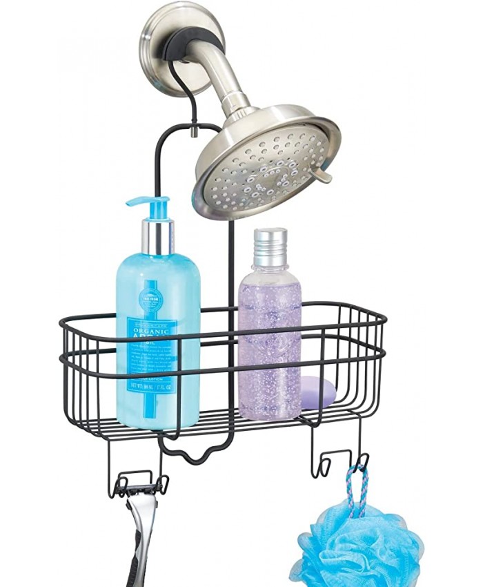 mDesign étagère de douche sans perçage – valet de douche à suspendre avec panier de rangement et 4 crochets – serviteur de douche en métal durable – noir mat - B074JC8DVX